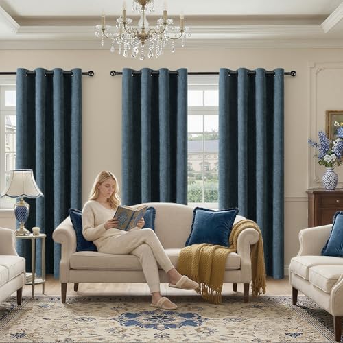Image of 100% Blackout Curtains for Bedroom, Luxury Chenille Thermal Insulated Drapes for Living Room, Energy Saving Room Darkening 84 Inch Long Curtains, Grommet Top, 2 Panels, 52 inch W x 84 inch L, Blue