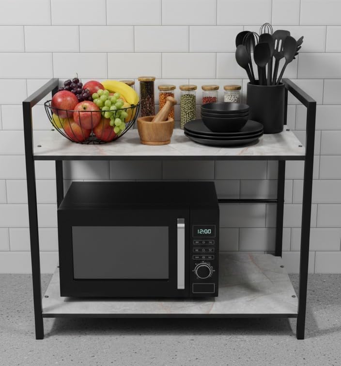 2-Tier Marble Finish Microwave Oven Stand for Kitchen Platform|Multipurpose Extra Storage Shelf and Oven Stand, OTG, Home Appliances & Utensils Organizer | Kitchen Rack for Home (White)-image-26