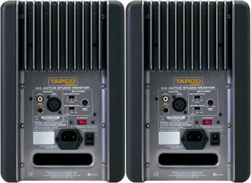 Rear panel of the Tapco by Mackie S.5 Active Studio Monitor, showing input jacks, power switch, and frequency adjustment controls.