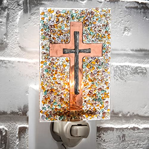 Fused Glass Cross Night Light – Christian Religious Décor, Plug-in Stained Glass Art with Cross, Perfect Faith-Inspired Gift for Home, Bedroom, Hallway