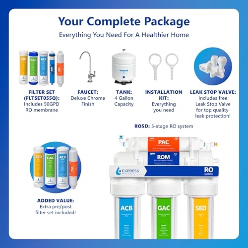 Image of Express Water NSF Certified Reverse Osmosis Water Filter System, Chrome Faucet, Extra 4 Filters, Under Sink 5-Stage RO Drinking System - High Capacity 50 Gallons Per Day, Fast Flow, 3.2 Gallon Tank