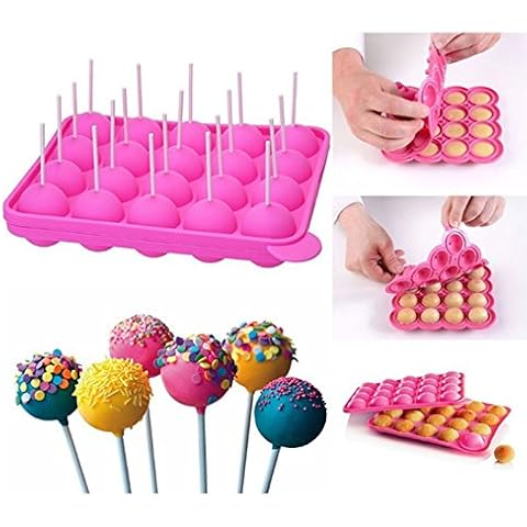 Emousport 20 Löcher Silikon Antihaft Cake Pop Kit Silikon Lollipop Form Kuchen Form Backen Schokolade Eis Gitter Backform Form + 20 Stäbchen Cover