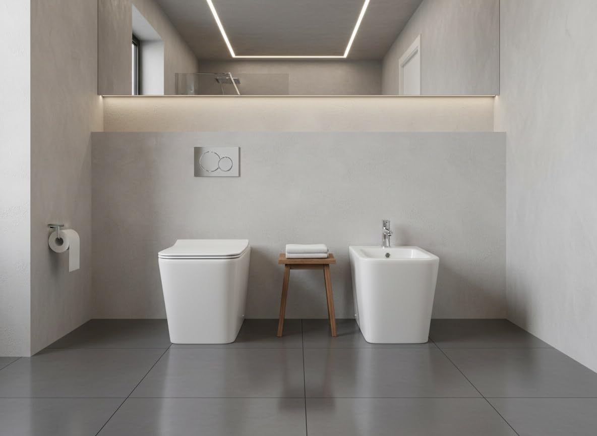 Coppia di Sanitari Modello Edge Rimless - Senza brida - Filo muro a terra bianco con coprivaso soft close, design squadrato