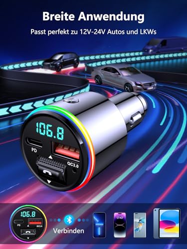 Babacom 48W Bluetooth Adapter Auto, 【PD 30W & QC3.0 18W】【Ganzmetall】 AUX-Anschluss FM...