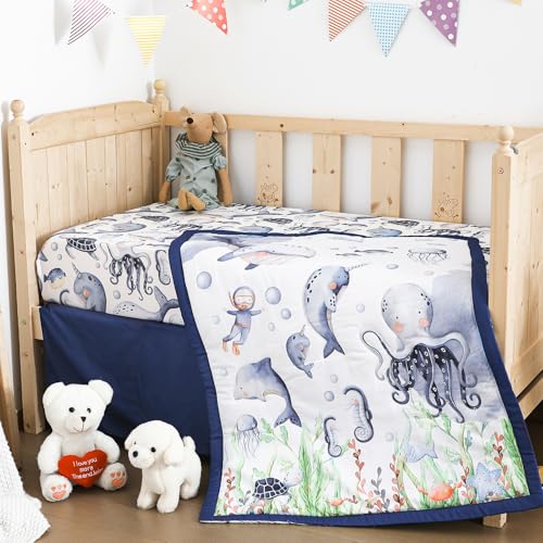 Image of Hahafelt 3 Pcs Baby Crib Bedding Set Under The Sea Ocean Nursery Nautical Crib Set Includes Ocean Quilt, Fitted Sheet, Skirt for Baby Boy Girl(Blue)