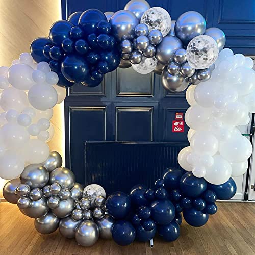 Image of Navy Blue Silver White Confetti Balloons Arch Kit, 120 PCS 12in 10in 5in Latex Garland Arches Kit for Graduation, Birthday, Wedding, Anniversary, Celebrations, Party Decoration