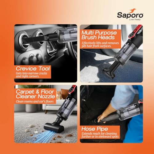 Image of SAPORO Neo Portable Car & Home Vacuum Cleaner, 15kPa Powerful Suction, BLDC Brushless Motor, 6000mAh Rechargeable Battery, Dual HEPA Filter, 4-in-1 Vacuum & Air Blower, 7 Attachments with Storage Bag