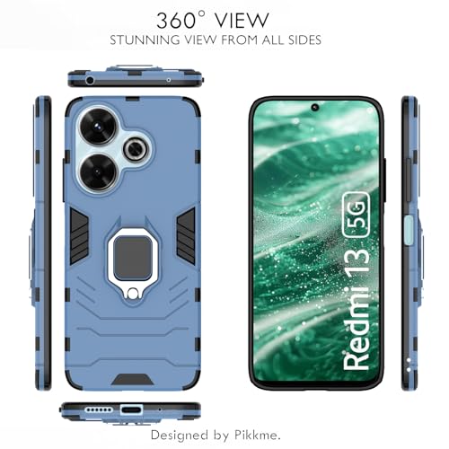 Image of Pikkme D5 Tough Armor Back Cover | 360 Protection Case | Ring Holder Stand Bumper Case for Redmi 13 5G / Poco M6 Plus 5G (Blue)