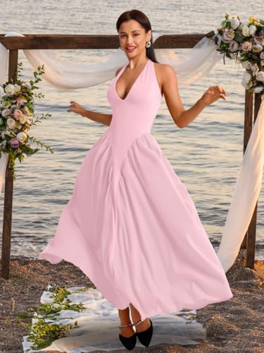 Image of ChiaoLezhee Deep V Neck Dress, Halter Maxi Dresses, Vacation Date Night, Sexy for Women Corset Flowy Wedding Guest Drop Waist