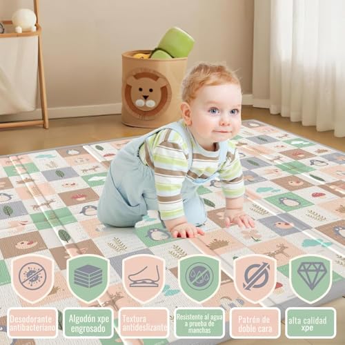PARVULI Tapete de bebé acolchoado dobrável reversível + livro sensorial | Tapete acolchoado para bebés | Tapete infantil | Colchão de chão para jogos e gatinhar (120x120CM + CONTO SENSORIAL)