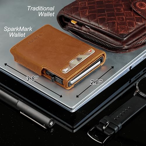 Image of Minimalist Pop Up Wallet for Men | RFID Blocking Credit Card Holder Wallet with Money Clip | Mens Wallet Slim Bifold Front Pocket Metal Case with Gift Box, Light Brown, 2.8 inch x 3.8