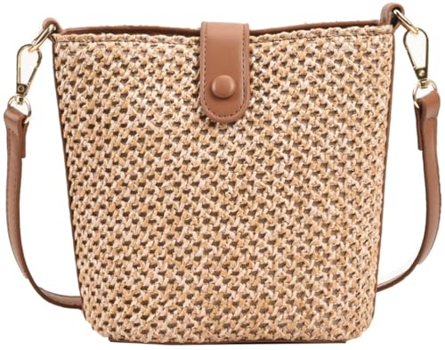 Image of Women 2026 Summer Purse Straw Woven Cross Body Bucket Bag Trendy Shoulder Handbag Casual Tote Travel Beach