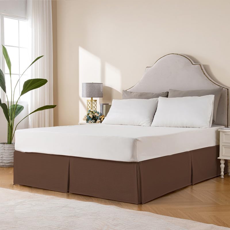 Image of MIYE Pleated Waffle Weave Bed Skirt, Tailored Dust Ruffle 18 Inch Drop Easy Fit, Machine Washable (Brown, Queen - 18 inch Drop)