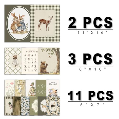 16 PCS Woodland Nursery Wall Art Decor, Vintage Baby Girl & Boy Nursery Decor, Kids Toddler Room Bedroom Playroom Decor, Sage Green Animals Eclectic Gallery Wall Prints, Bear Duck Goose Rabbit - Image 3