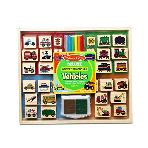 Melissa & Doug Tampons Véhicules Deluxe, Jeu de timbres en bois, 30 timbres + tampon d’encre deux couleurs, Jouet créatif pour enfants de 3 4 5 6 7 ans, Cadeau pour filles et garçons