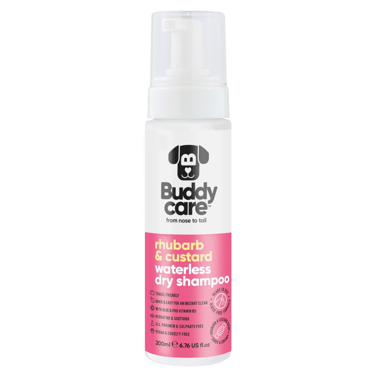 Buddycare Waterless Dry Shampoo for Dogs (200ml) | Rhubarb & Custard No Rinse Dog Shampoo Sensitive Skin | Natural, Easy-to-Use for Fresh, Clean Fur - Ideal for All Breeds and Sizes