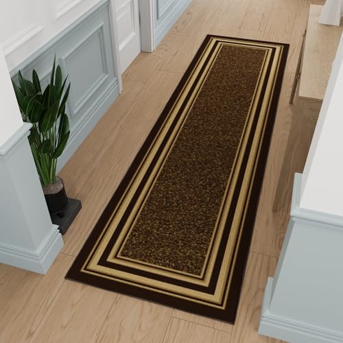 Ottomanson Hallway Runner Rug 2'7' x 9'6' Non Slip Border Area Rugs Easy to Clean Laundry Rug Runner Durable & Pet Friendly Floor Carpet Runners for Hallways Entryway Living Room Kitchen, Brown