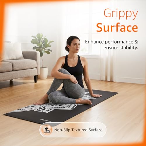 Image of Amazon Basics Printed TPE Yoga Mat with Yoga Strap | 6 mm Thick | Non-Slip Grippy Surface | Lightweight & Flexible Rubber-Like Material | Floor Protection | Ideal for Yoga, Pilates, Stretching & Fitness | 183 x 61 cm | Black