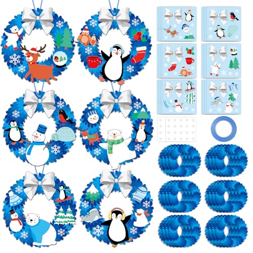 24 Sets Winter Crafts for kids DIY Christmas Wreath Ornaments Decorations Winter Classroom Hanging Ornaments Penguin Snowman Stickers Paper Arts and Crafts for Kids Holiday Home Classroom Activities