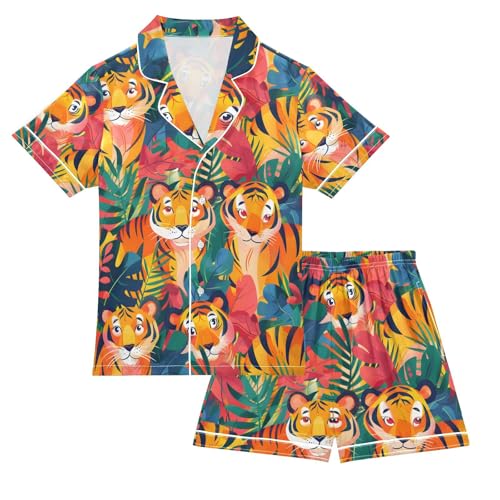 ALAZA Colorful Tiger Pajamas Satin Pajama Set Short Sleeve Button Down Sleepwear