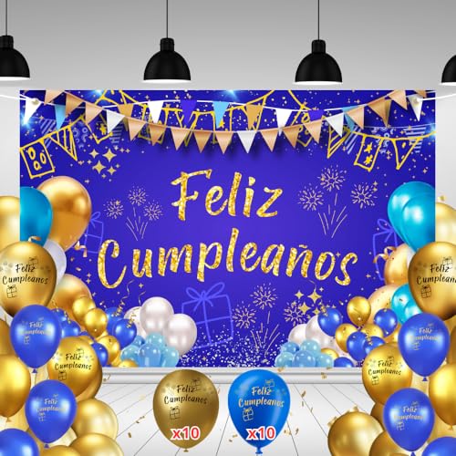 Pancarta feliz aniversário 110 x 180 cm + 20 balões | cartaz decoração festa adulto homem mulher | Photocall aniversário azul e dourado | pano de fundo com corda, ornamentos e decoração