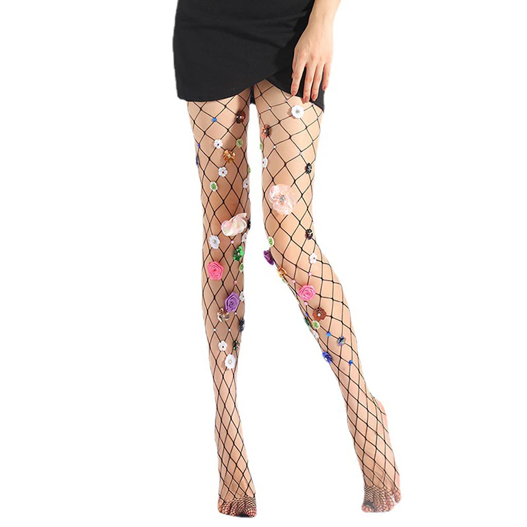 Ixkbiced Women Sequins Flower Mesh Tights Sexy Fishnet Pantyhose Rhinestone Stockings