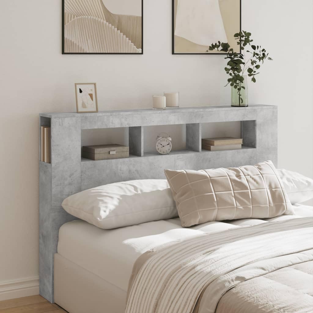 IKAYAA Testiera Letto Matrimoniale con LED Testiera Letto Matrimoniale Legno 160 cm Testiera con Contenitore Testiera Letto con Scomparti -Grigio cemento-160 x 103.5 cm
