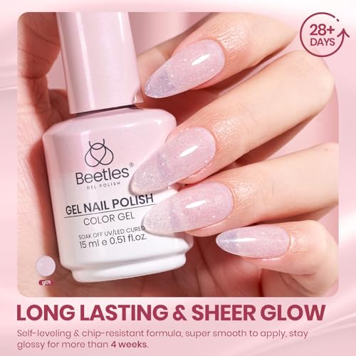 Image of Beetles Nude Gel Nail Polish - Soft Glow Fragments 15ML Shimmer Pink Gel Nail Polish Base Color Nail Concealer Sheer Translucent Nail Polish Soak Off UV French Nail Art Manicure Gift for Women