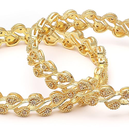 Leaf Shaped American Diamond Plated Bangles For Women (Gold, 2.4)