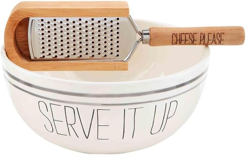 Mud Pie Serve It Up Bowl & Cheese Grater Set, Bowl 4" X 8 1/2" Dia | Grater 9", White