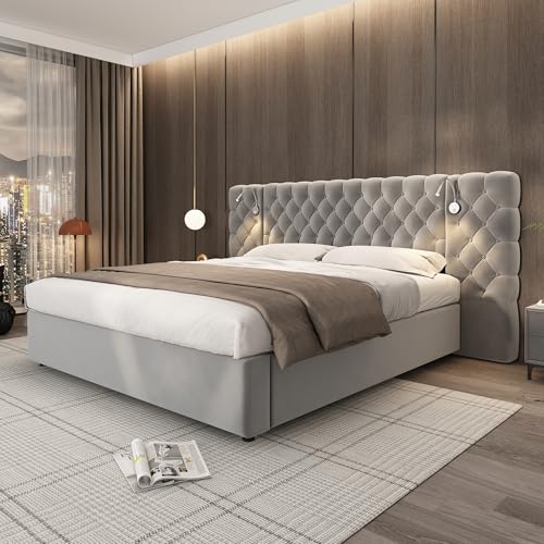 Kayan Polsterbett 180x200cm, Boxspringbett mit hydraulisches Bettkasten, Bett mit Lattenrost aus Holz, Aufladen Kopfteil mit Leselicht, Stauraumbett Doppelbett Jugendbett, Samt, Ohne Matratze