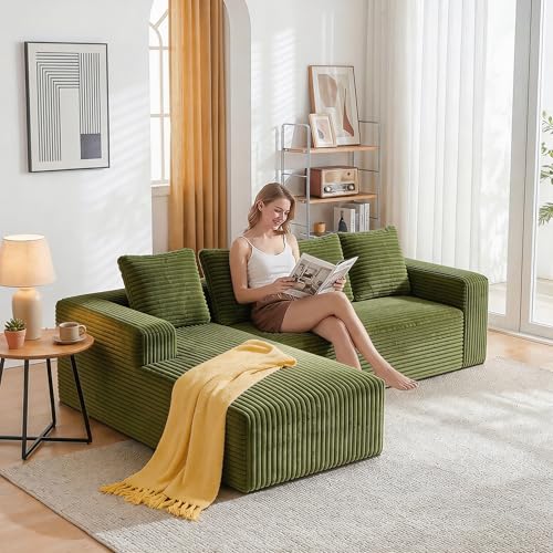 Yihomfy Canapé d'angle 261x145cm en Velours Côtelé - Mousse à Mémoire et Haute Résilience - Confort Orthopédique et Respirant - Canapé d'accueil Moderne Vert pour Salon