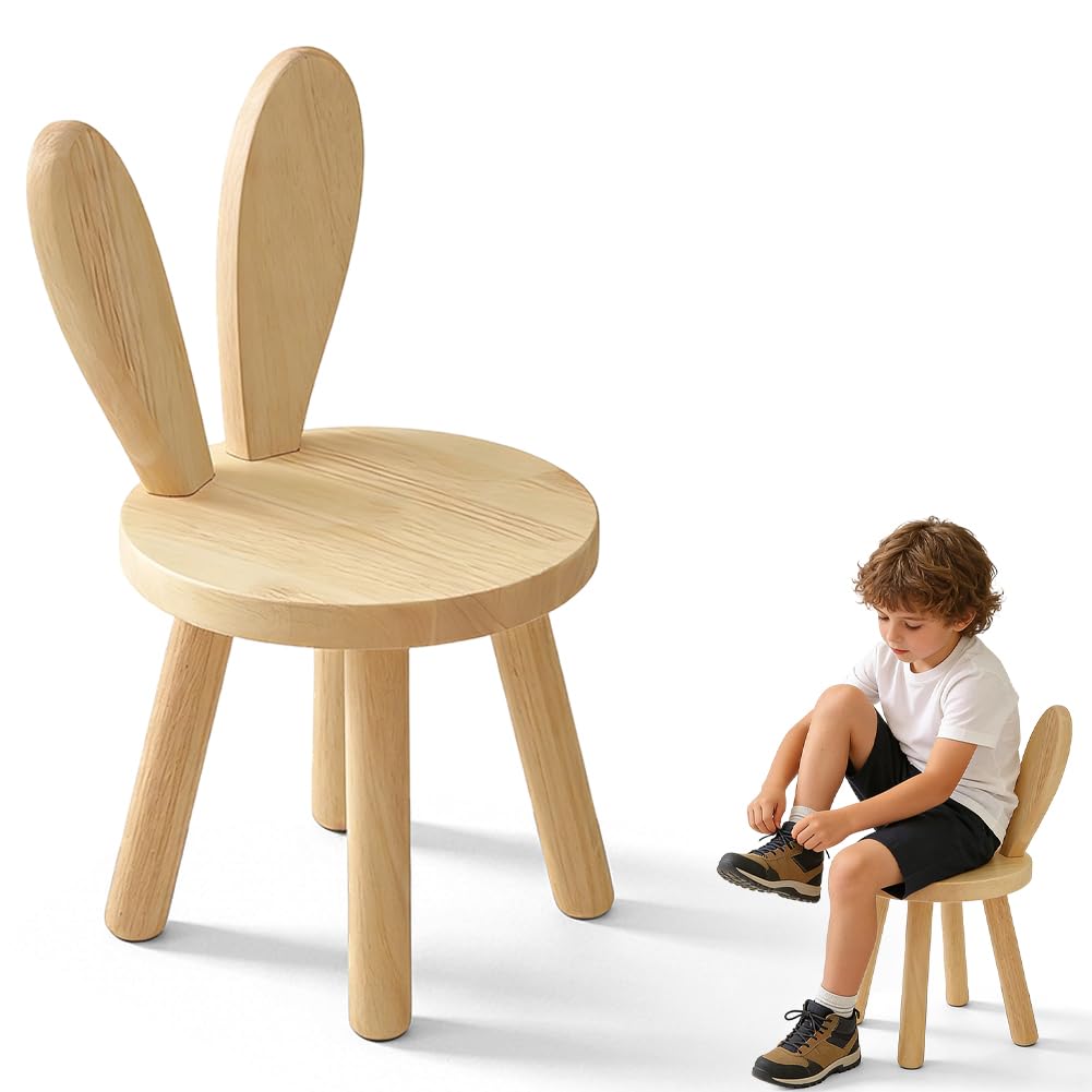 Kinderstuhl Holz ab 1 Jahr, Kleiner Stuhl mit Hasenohren-Rückenlehne, rutschfeste Gummifüße & 70kg Belastbarkeit, Kinderhocker Holz für Kindertische (45cm) – Geschenke für Kinder