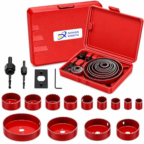 17-Piece Hole Saw Kit, Includes 13 Sizes (3/4" to 5"), Arbors, Drill Bits, and Hex Key, Ideal for Softwood, Plywood, and PVC(RED)