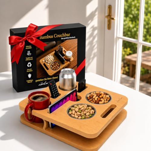 Bambus couchbar snackbox für 2 - Multifunktion Snackbox mit Fächern - Couch tablett für gemütliche Filmabende geeignet als Männer Geschenke Geburtstag