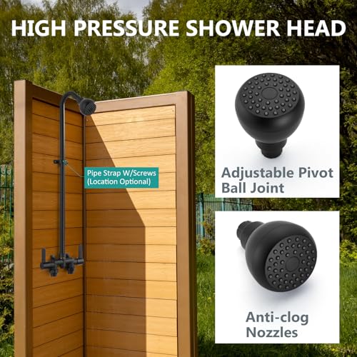 Kit de Ducha para Exterior Aolemi, 3 pulgadas centro, 2 manijas, Negro Mate | Válvula mezcladora, tubería de ducha SUS304, control dual de agua caliente y fría, entradas reversibles y cabezal giratorio miniatura 4
