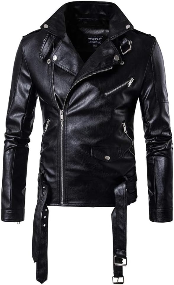 PASOK Men's PU Leather Jacket Causal Belted Faux Leather Motorcycle Jacket Zipper Biker Coat - Image 3