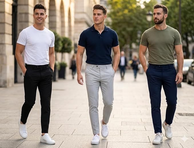 Image of Men Slim Fit Formal Trousers | Stylish Ankle Length Stretchable Office Pants | Men's Comfortable Slim Fit Trousers Combo Pack of 3