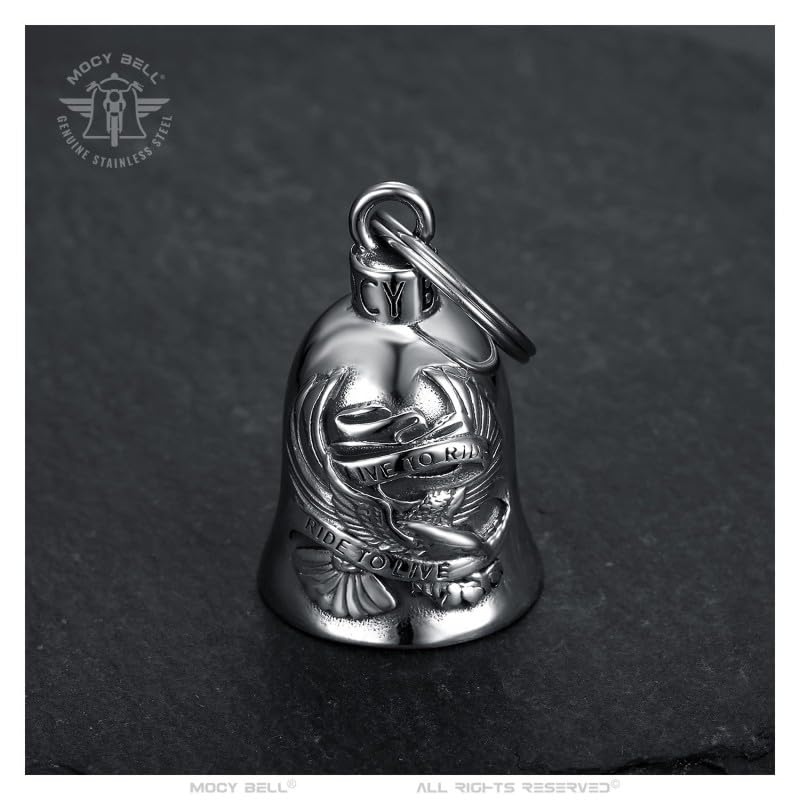 BOBIJOO JEWELRY - Clochette moto AIGLE US LIVE TO RIDE Porte-bonheur MOCY BELL Acier inoxydable Argent