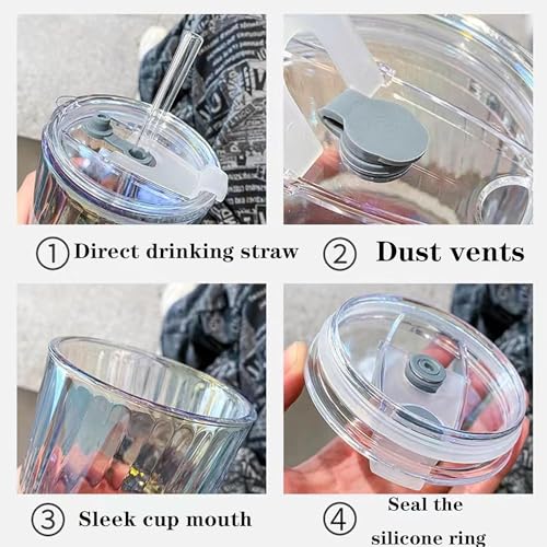 Image of WEZOSHINET Glass Tumblers with Straws and Lids Coffee Sipper Mug with Wide Mouth, Rainbow Glass Drinking Mason for Iced Tea, Juice, Cocktail, Cold & Hot Beverages Cups (Rainbow Stripe Mug /Pack of 1)