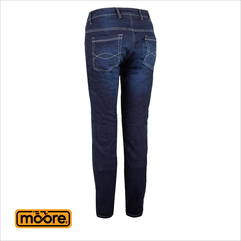 Moore Pantalón de Moto Five 2 Azul – Denim 12oz con Kevlar®, Protecciones CE Nivel 2, Corte Slim Fit, Certificación EN 17092:2020 AA