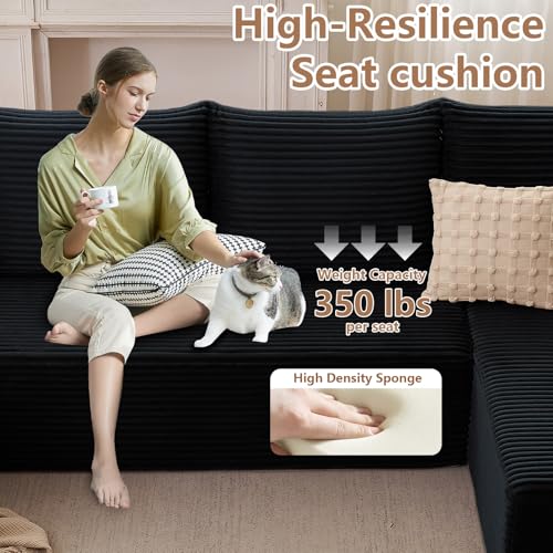 Image of Oversized Modular Sectional Sofa Couch, Large 5 Seater Corner Sofa Modern L Shaped Sectional Couch Cloud Couches for Living Room, Office, Spacious Space, Corduroy, No Assembly Required, Black