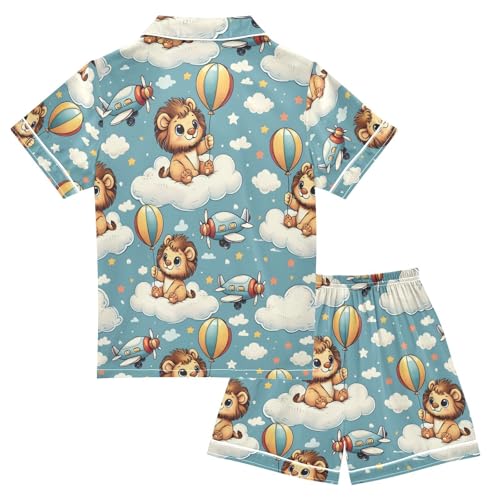 ALAZA Cute Lion Sky Star Cloud Pajamas Satin Pajama Set Short Sleeve Button Down Sleepwear2