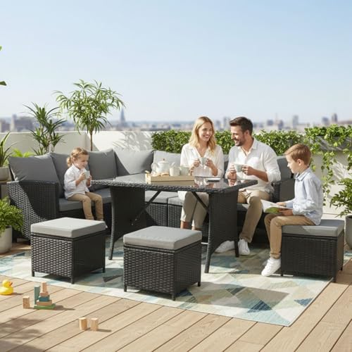BIRCHTREE PE Rattan Garden Furniture Set Sofa Chair Foot Stool Table Glass Coffee Table 9 Seater Cushion Outdoor Patio Conservatory RFS04 Black