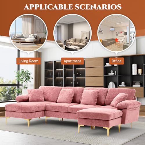 Image of OUYESSIR U-Shaped Sectional Sofa Couch, 4 Seat Sofa Set for Living Room, Convertible L-Shaped Velvet Couch Set with Chaise Lounge, Ottoman and Pillows,114 inches (Pink)