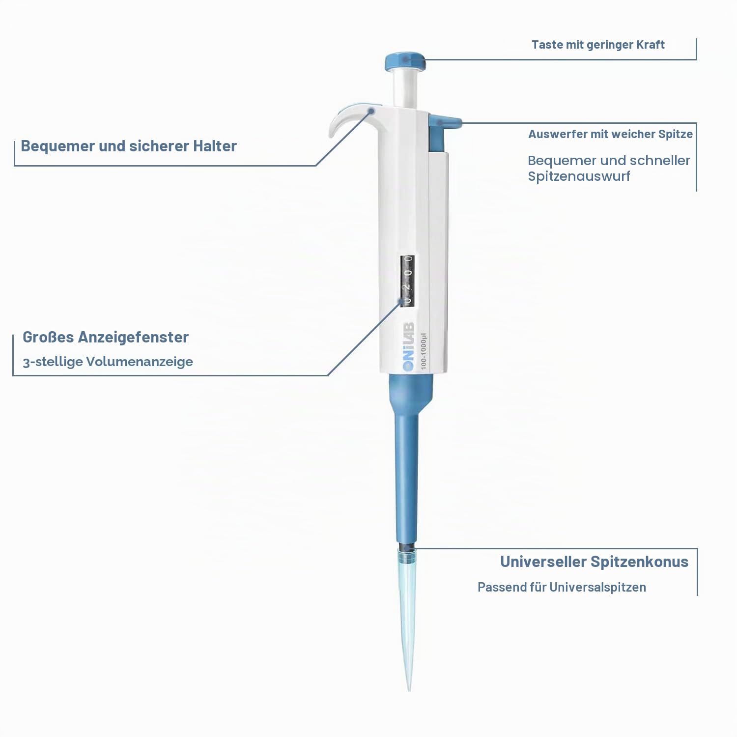 ONiLAB 100-1000μl Labor Einkanal Pipette Scientific Labormikropipette Handbuch Einstellbares Volumen, Hochpräzise, Pipettierer