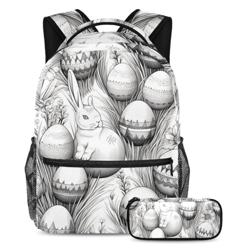 Sac à dos pour garçons et filles avec trousse d'école imprimé noir et blanc tendance
