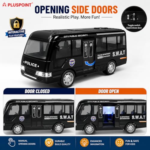 Image of PLUSPOINT Police Bus Toy for Kids | Friction Powered Push & Go Rescue Vehicle with Lights & Sounds | Durable Pretend Play Police Bus for Boys, Girls & Toddlers
