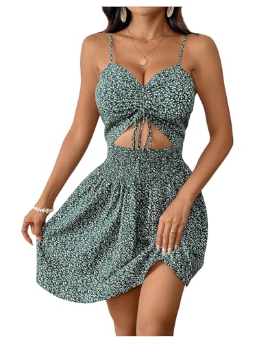 Image of SOLY HUX Women's Summer Floral Print Dress Tie Front Cut Out Shirred A Line Flowy Cami Dresses Vacation Sundress