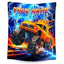 CuziBloom Personalized Blanket with Name, Truck Blankets Gifts for Boys Kids, Custom Car Theme Throw with Fire, Cozy Flannel Throw for Boys Room Decor (4 Sizes)
